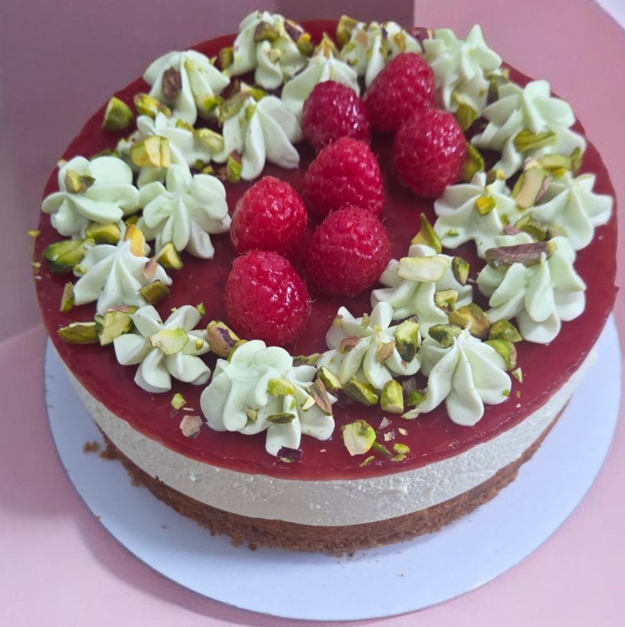 Raspberry Pistachio Mousse Cheesecake.